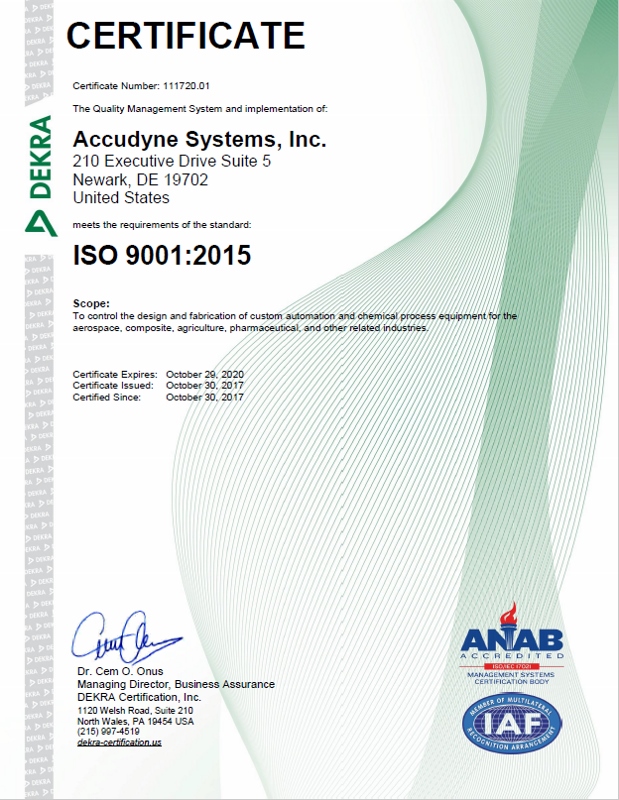 Accudyne Systems celebrates ISO9001:2015 Certification ! 